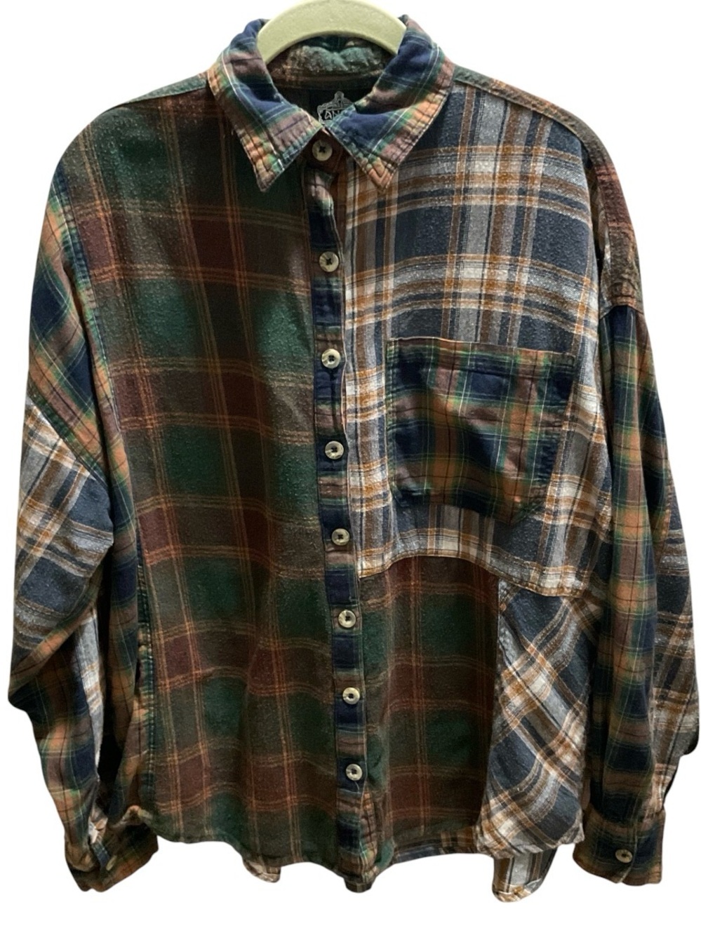 Angie Mixed Plaid Patchwork Button Down Shirt Frayed Hem Brown Black Woman’s M